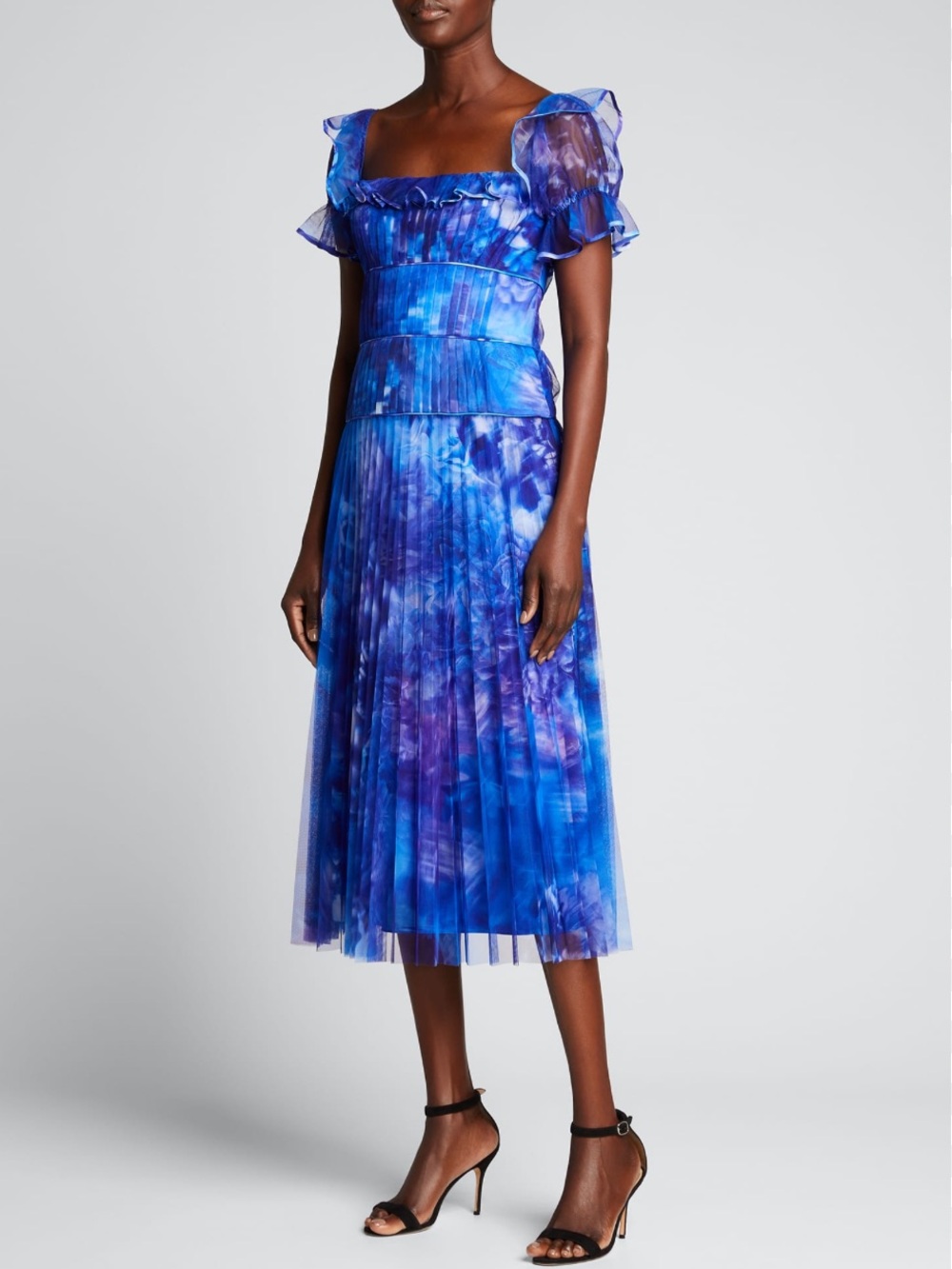 Marchesa Notte Pleated Off-Shoulder Printed Chiffon Dress - Size 4
